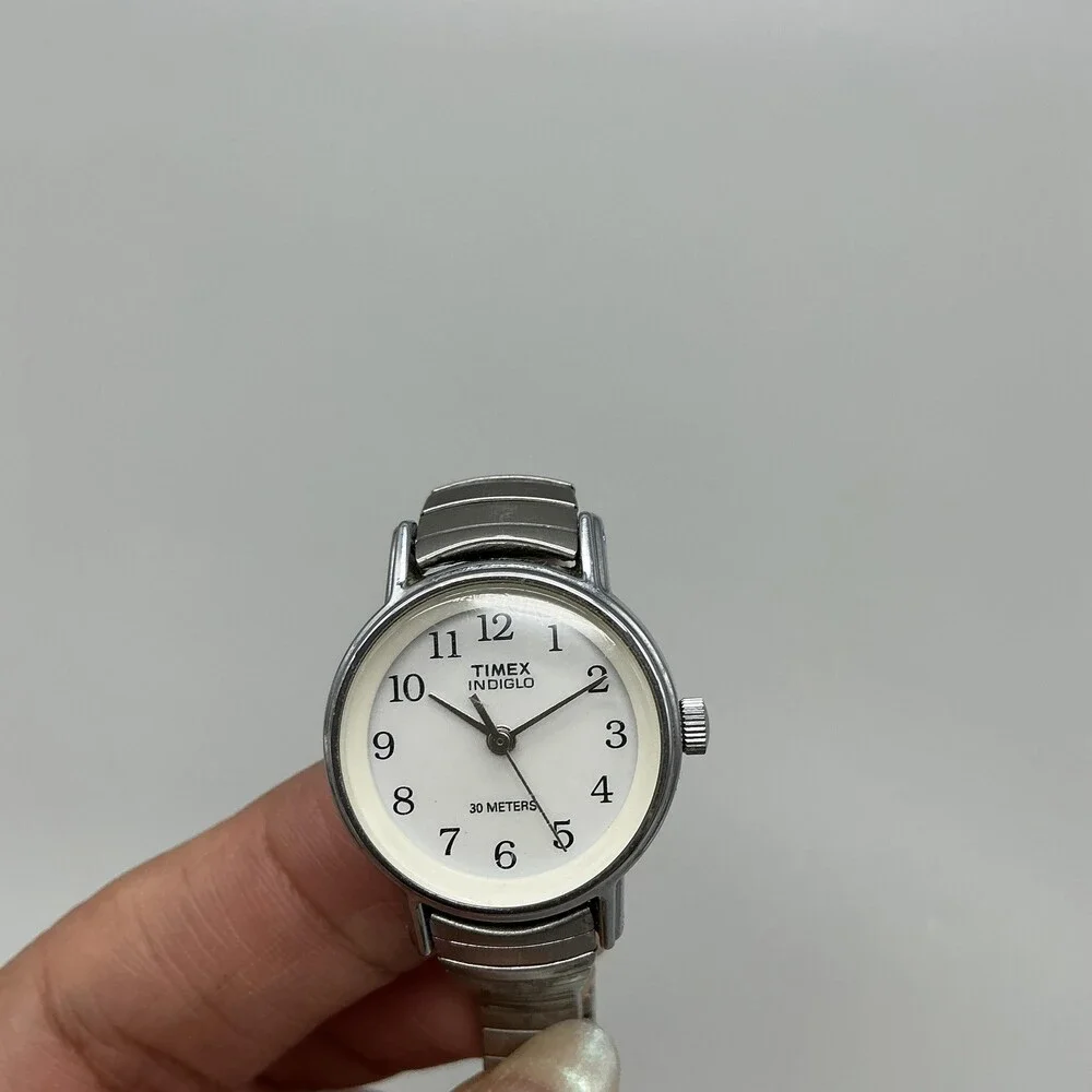 Timex Indiglo Womens Watch 23mm White Dial Silver Tone Stretch Band New Battery
